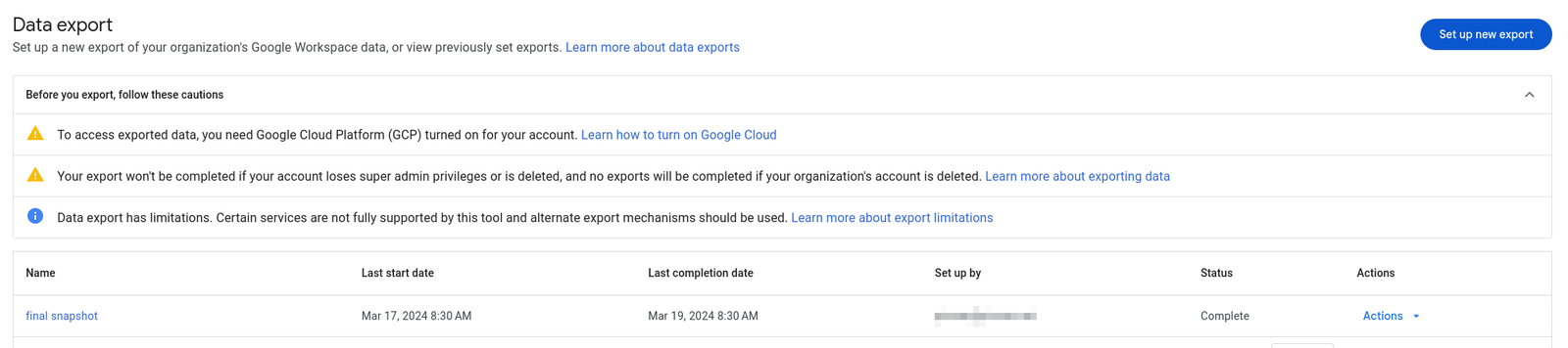 Google Workspace data export page